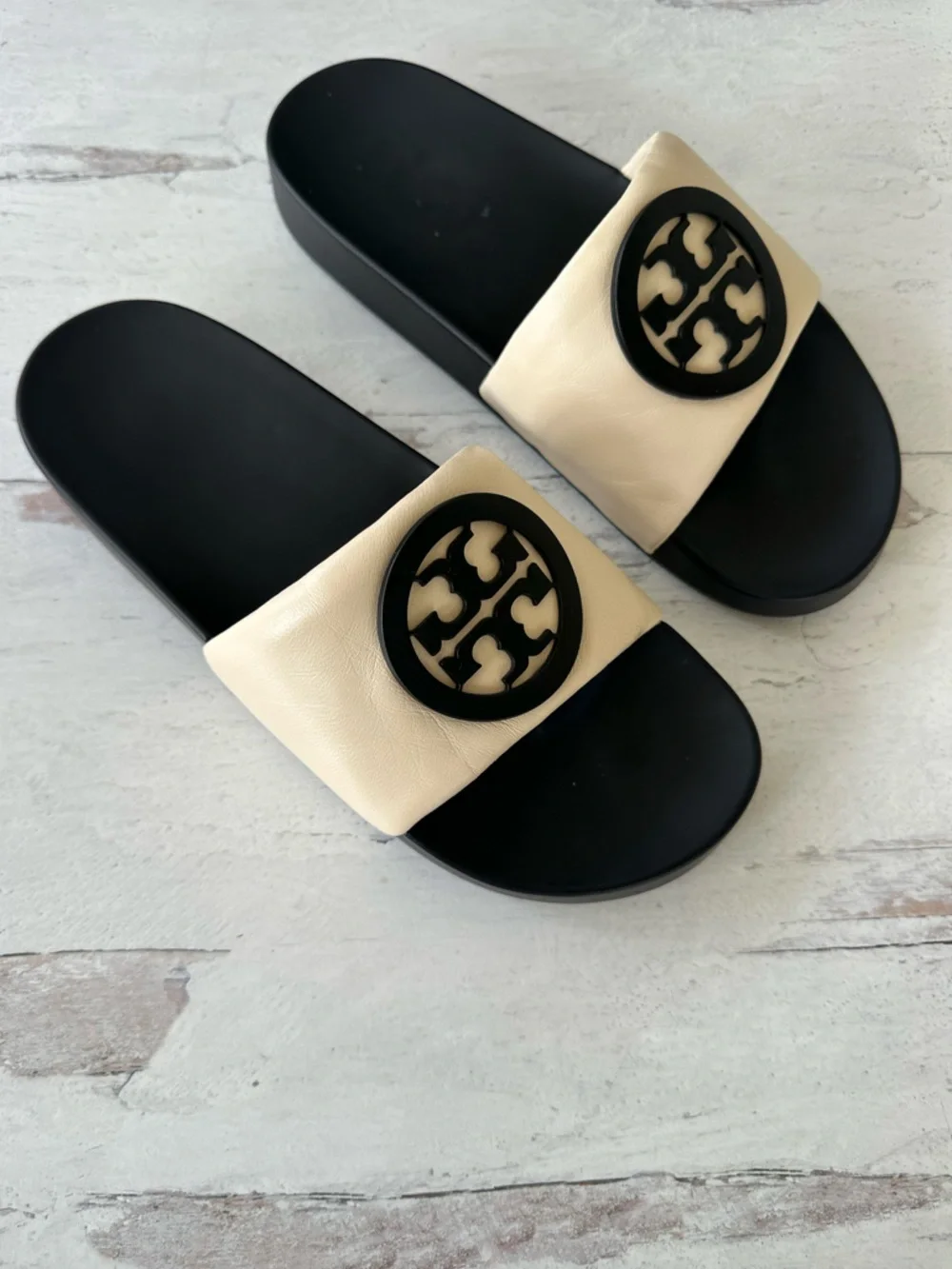 Tory Burch Black & Cream Logo Slide Sandals - Picture 10 of 12